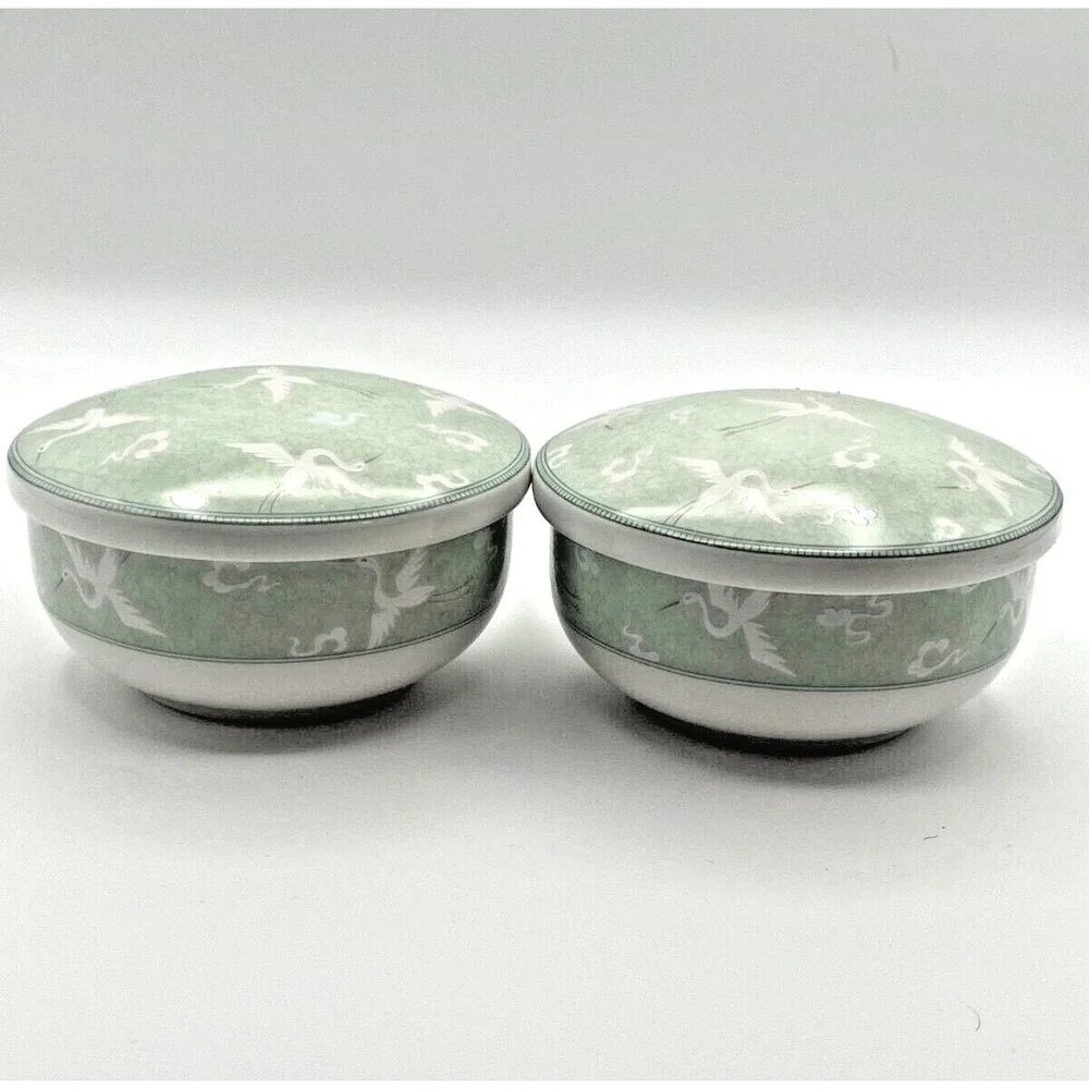 Korean Celadon Porcelain Crane Motif Cloud Lidded Rice Bowls 4